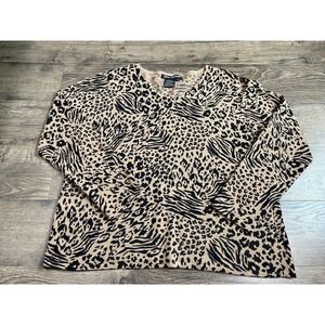 Womens Nina Leonard cheetah print vintage lambswool angora v neck sweater SZ 1+